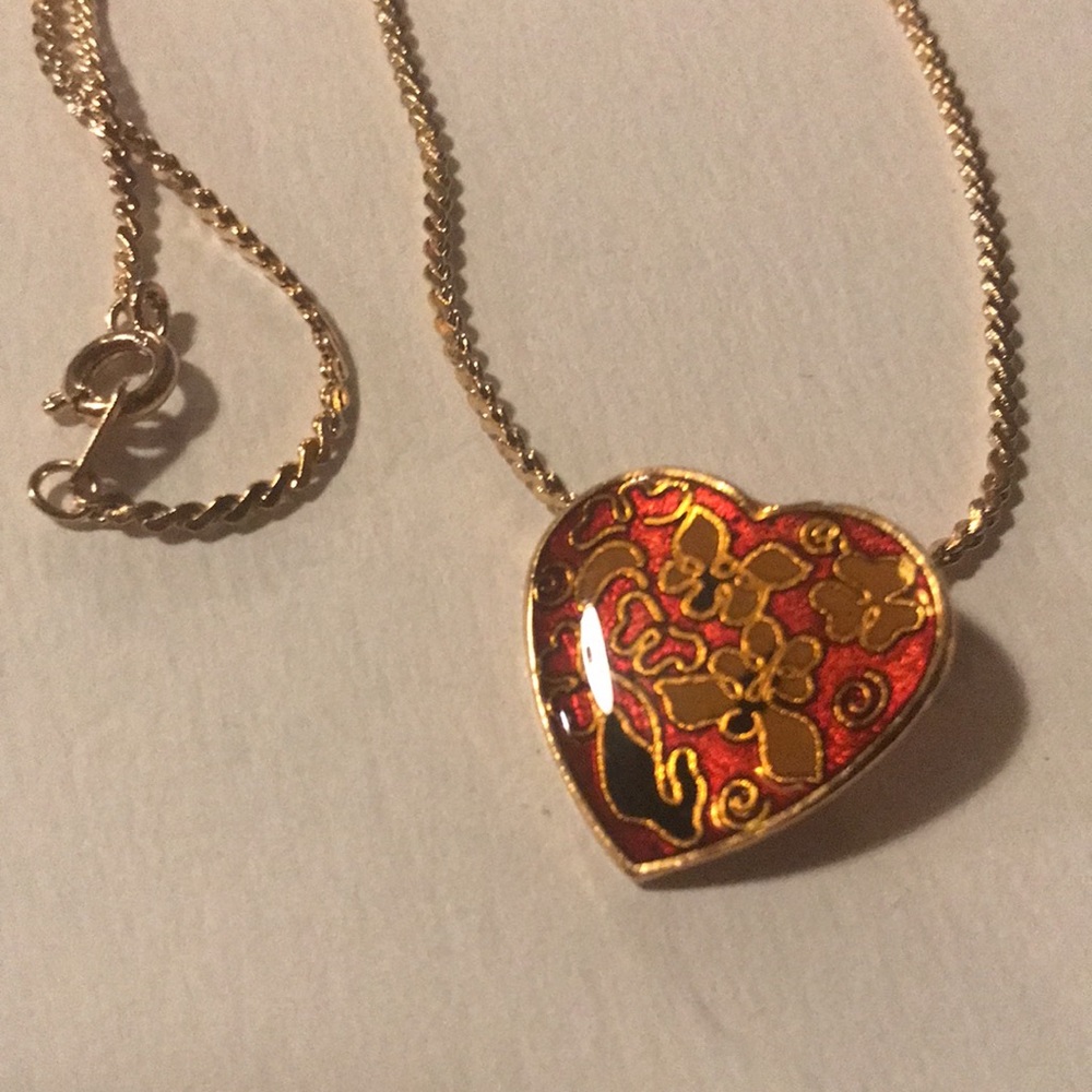 Giovanni Heart Necklace - red and gold tone heart necklace - costume jew…